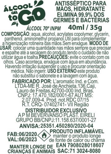 Imagem de Chaveiro Álcool Gel 70 ToGo 40ml